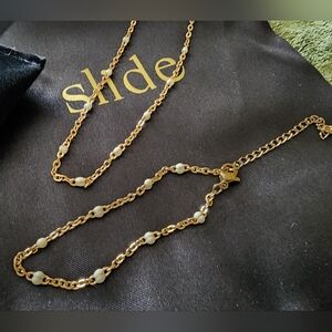 Slide Jewelry Stainless Steel Necklace Bracelet Set With Pearl Stations. NIB